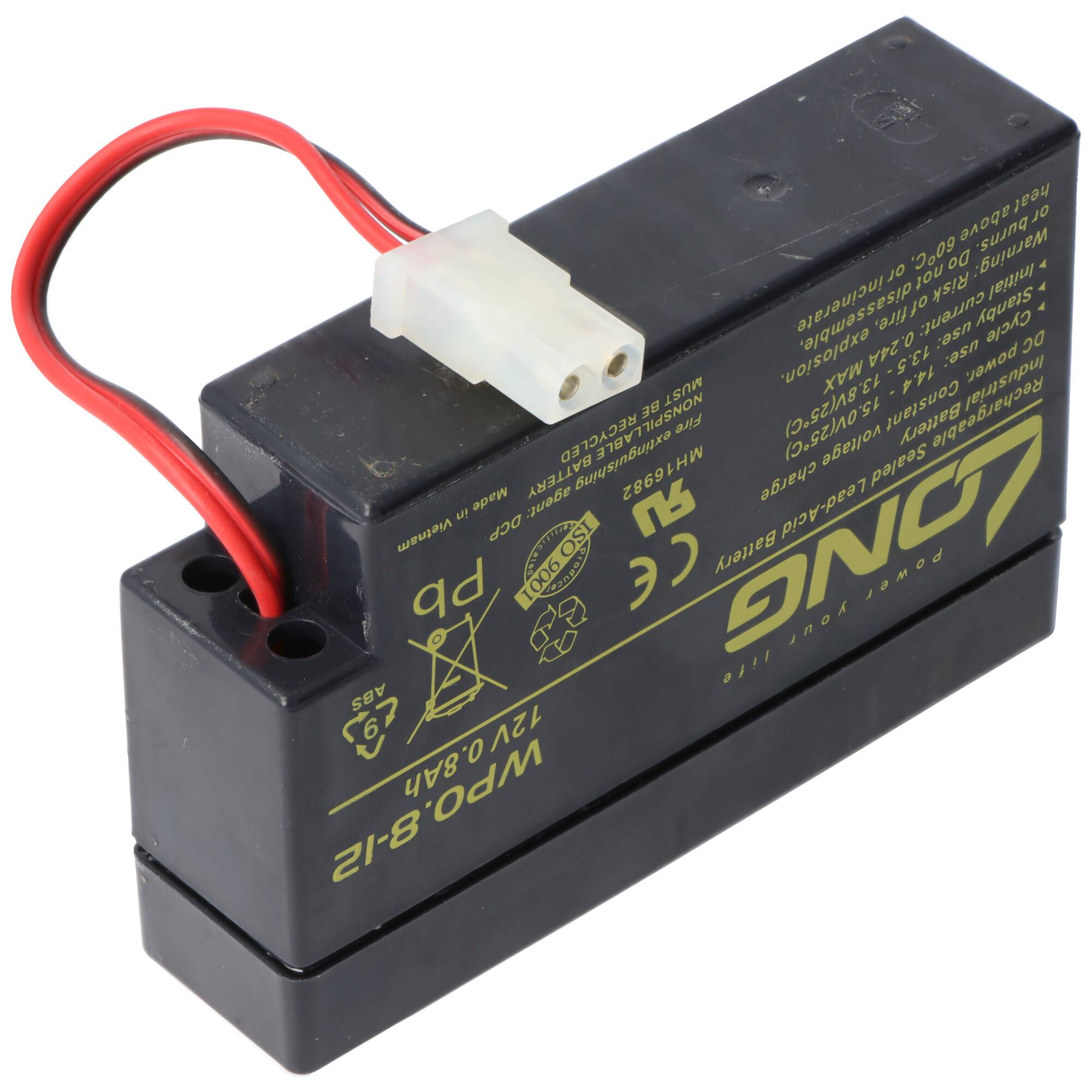 Schwarzes wiederaufladbares Batteriepack mit roten und schwarzen Kabeln und einem weißen Stecker oben, gezeigt auf weißem Hintergrund.