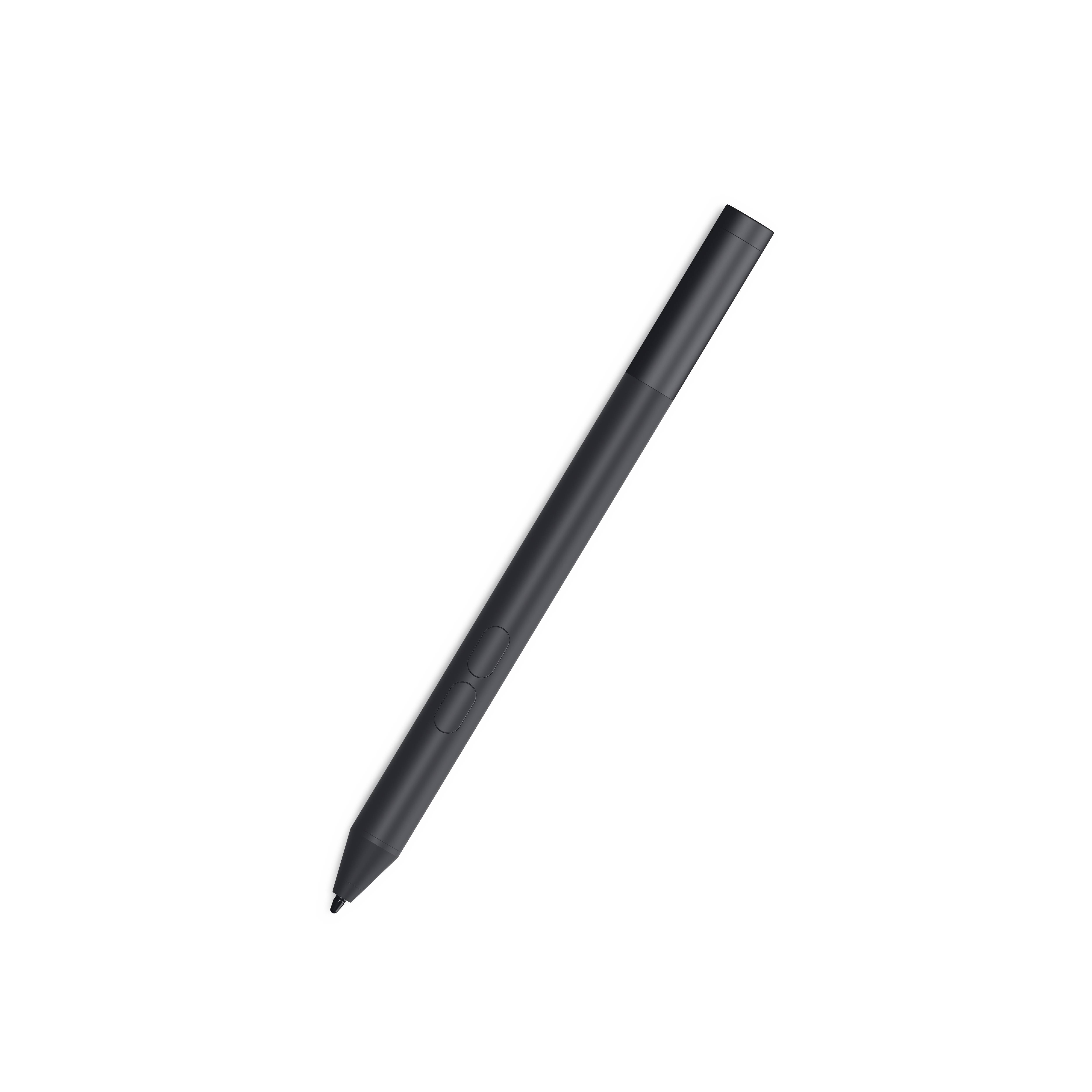 Schwarzer Stylus-Stift diagonal geneigt auf einfachem weißem Hintergrund.