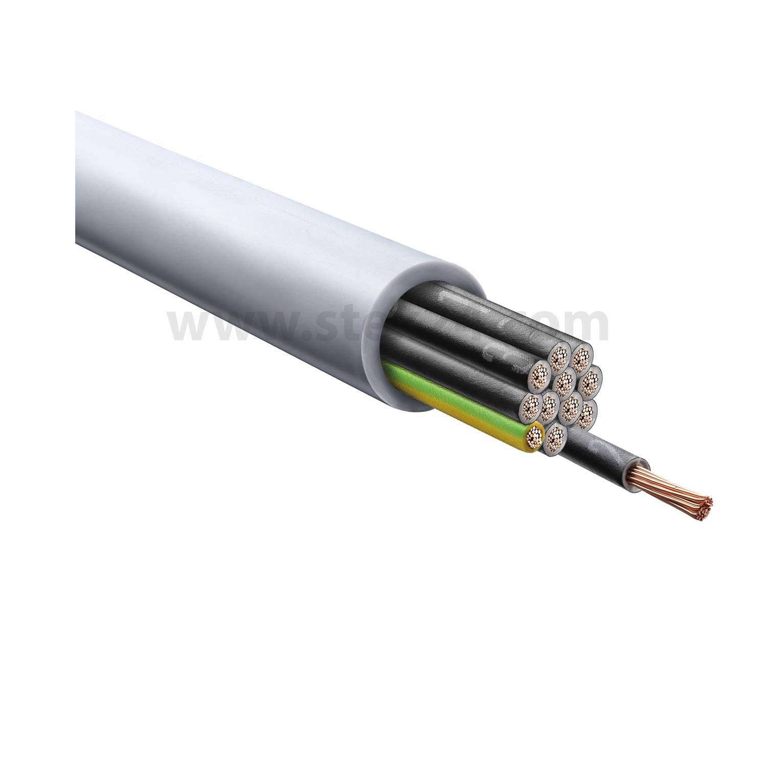 Ein Schnittquerschnitt eines mehraderigen Kabels ist dargestellt, das sieben isolierte Drähte aufweist, die zusammen mit einem freiliegenden Kupferdrahtende gebündelt sind.