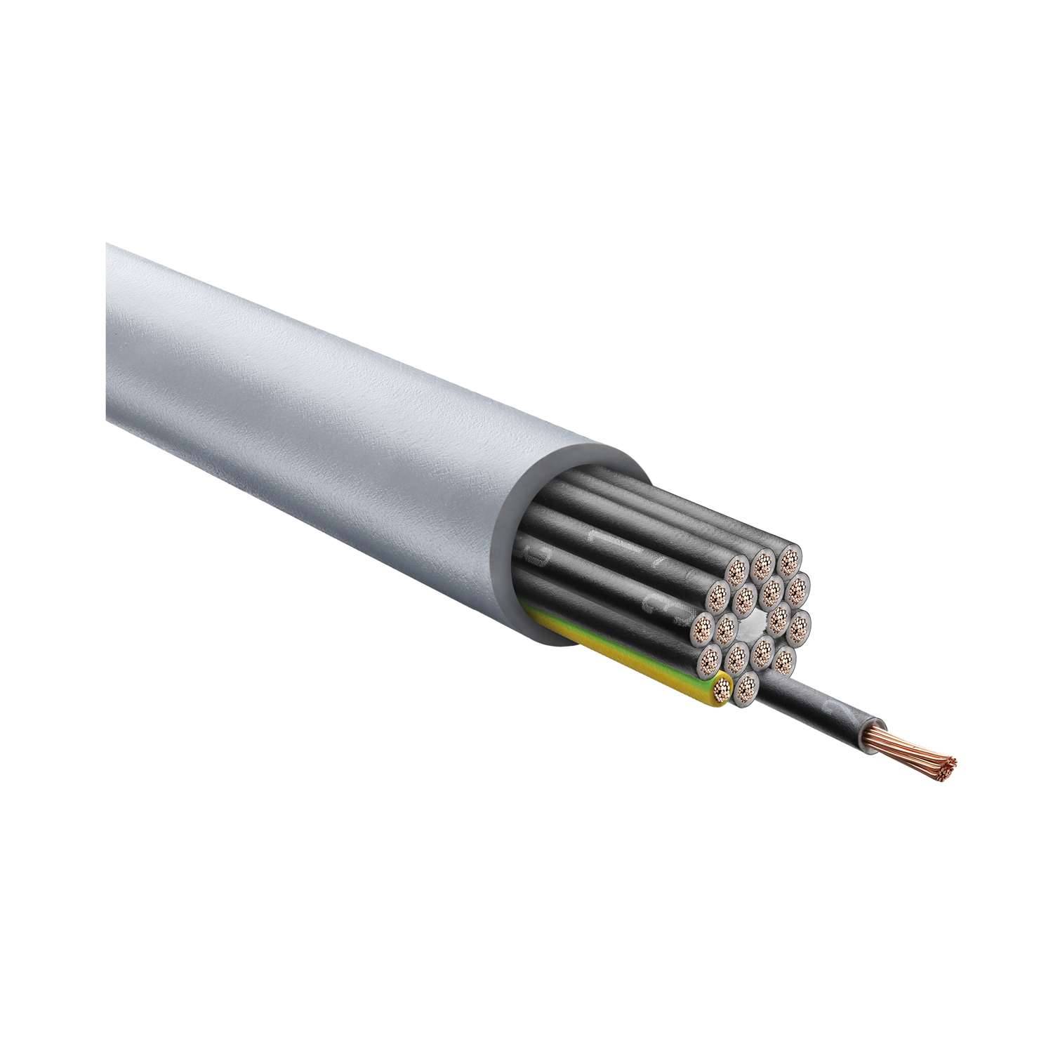 Eine Nahaufnahme eines Querschnitts eines mehradrigen Elektrokabels mit Kupferdrähten, die von einer grauen Isolationsschicht umhüllt sind.