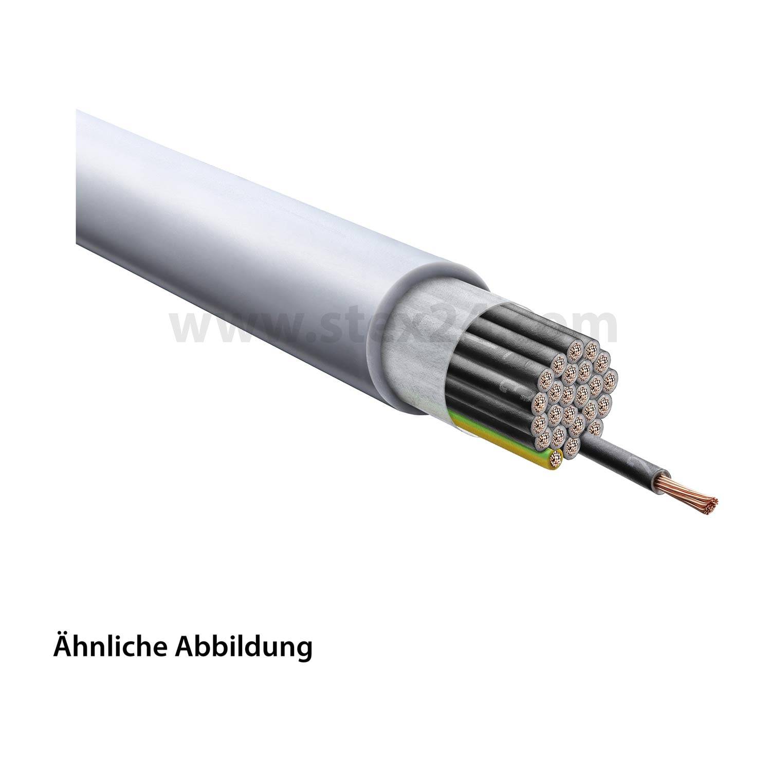 Ein Querschnitt eines mehradrigen Elektrokabels, das mehrere kleinere isolierte Drähte zeigt, die in einer größeren grauen Ummantelung zusammengefasst sind.