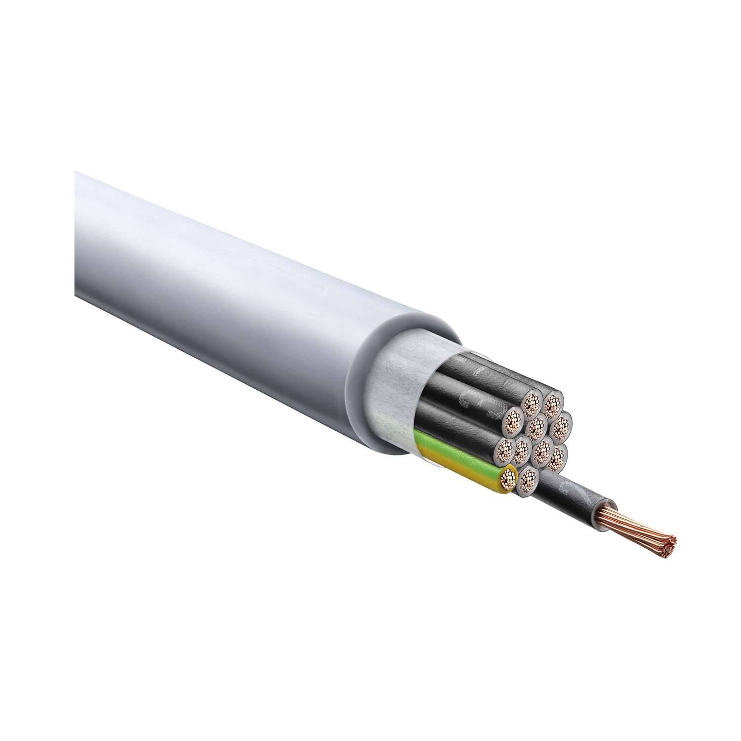 Ein Querschnitt eines elektrischen Kabels zeigt ein Bündel von Kupferdrähten in einer isolierenden Ummantelung und veranschaulicht seine innere Struktur.