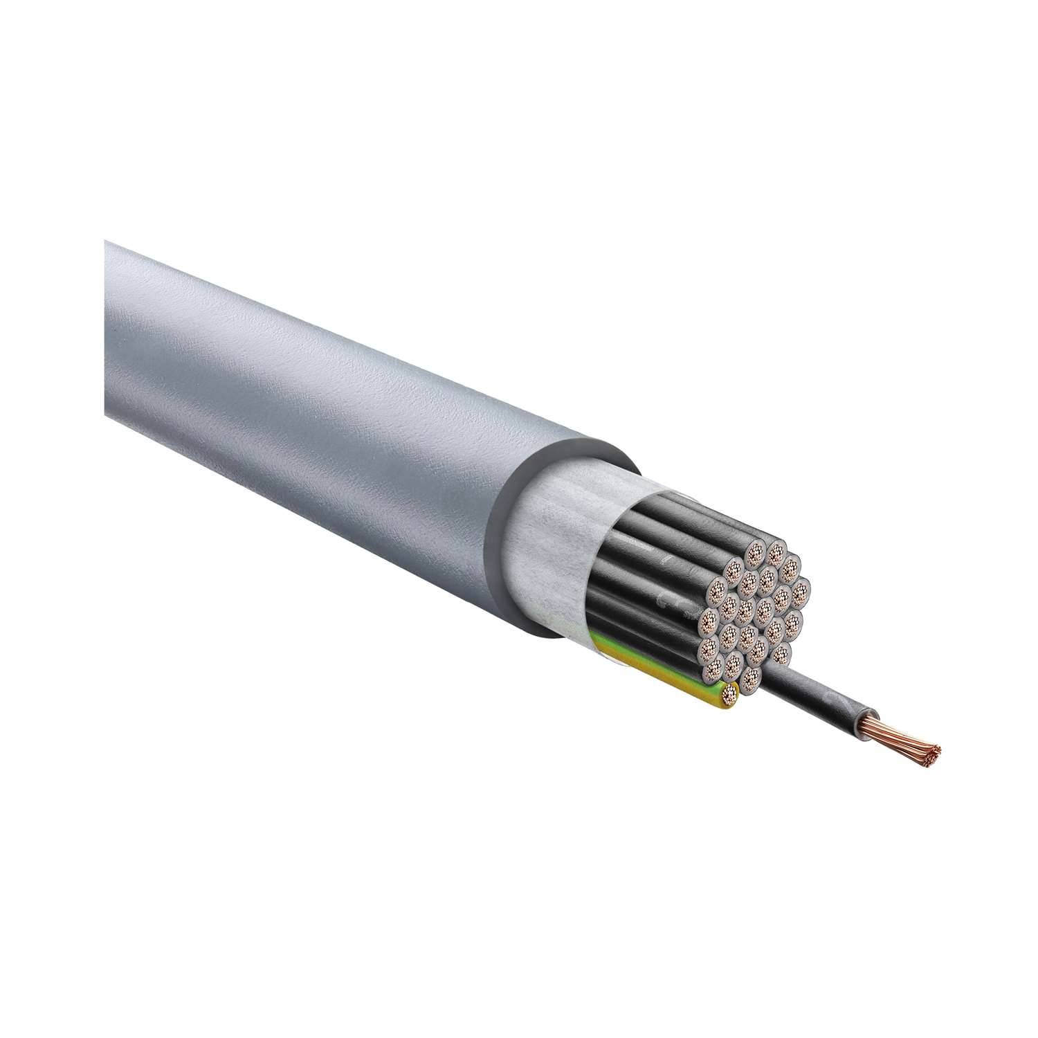 Eine Querschnittsansicht eines Kabels, die mehrere Kupferdrähte im Inneren zeigt, wobei ein Draht freigelegt ist, um die Kabelkonstruktion zu veranschaulichen.