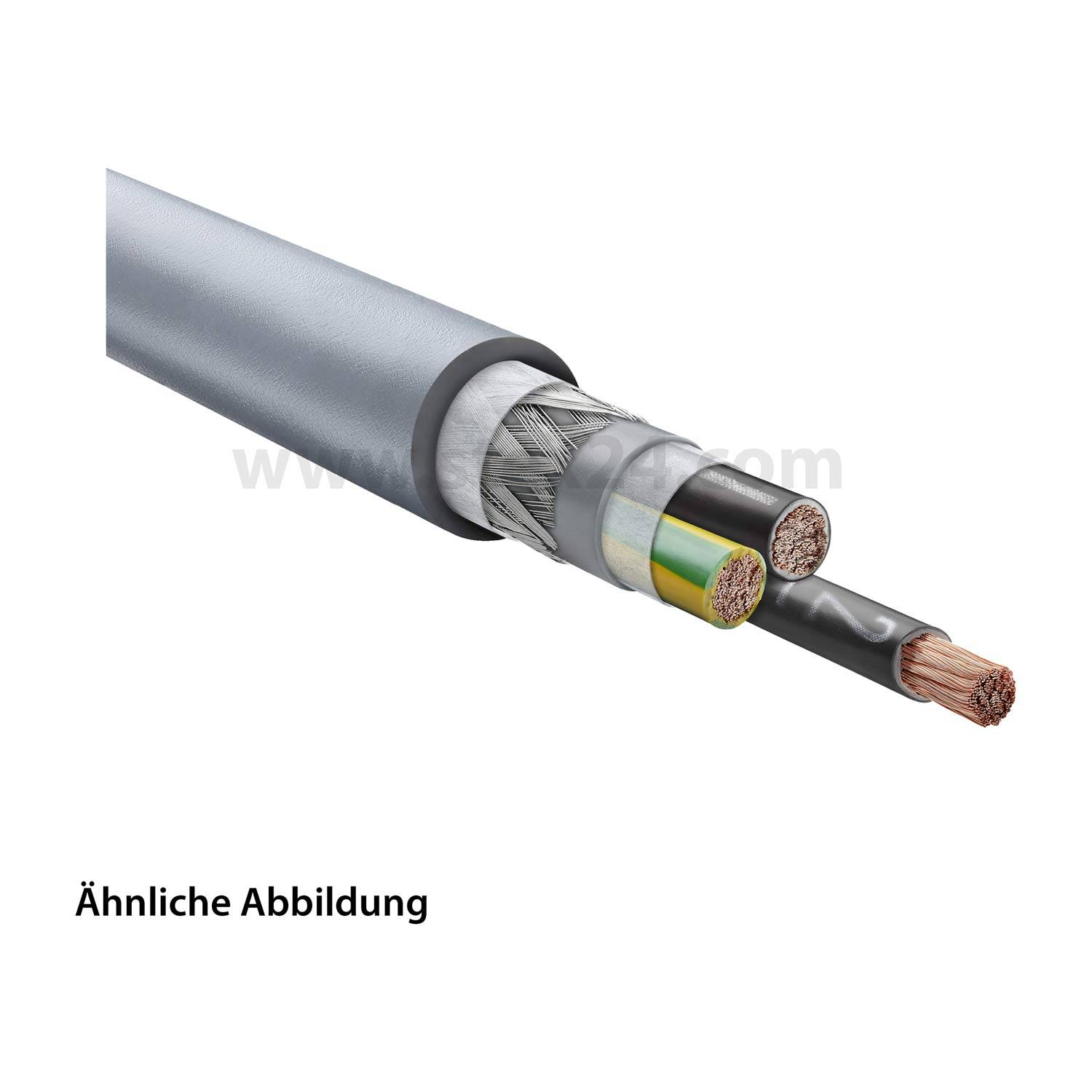 Eine Nahaufnahme eines Kabelendes mit freiliegenden gelben, braunen und grünen Drähten, die Isolationsschichten zeigen, die bei elektrischen Installationen verwendet werden.