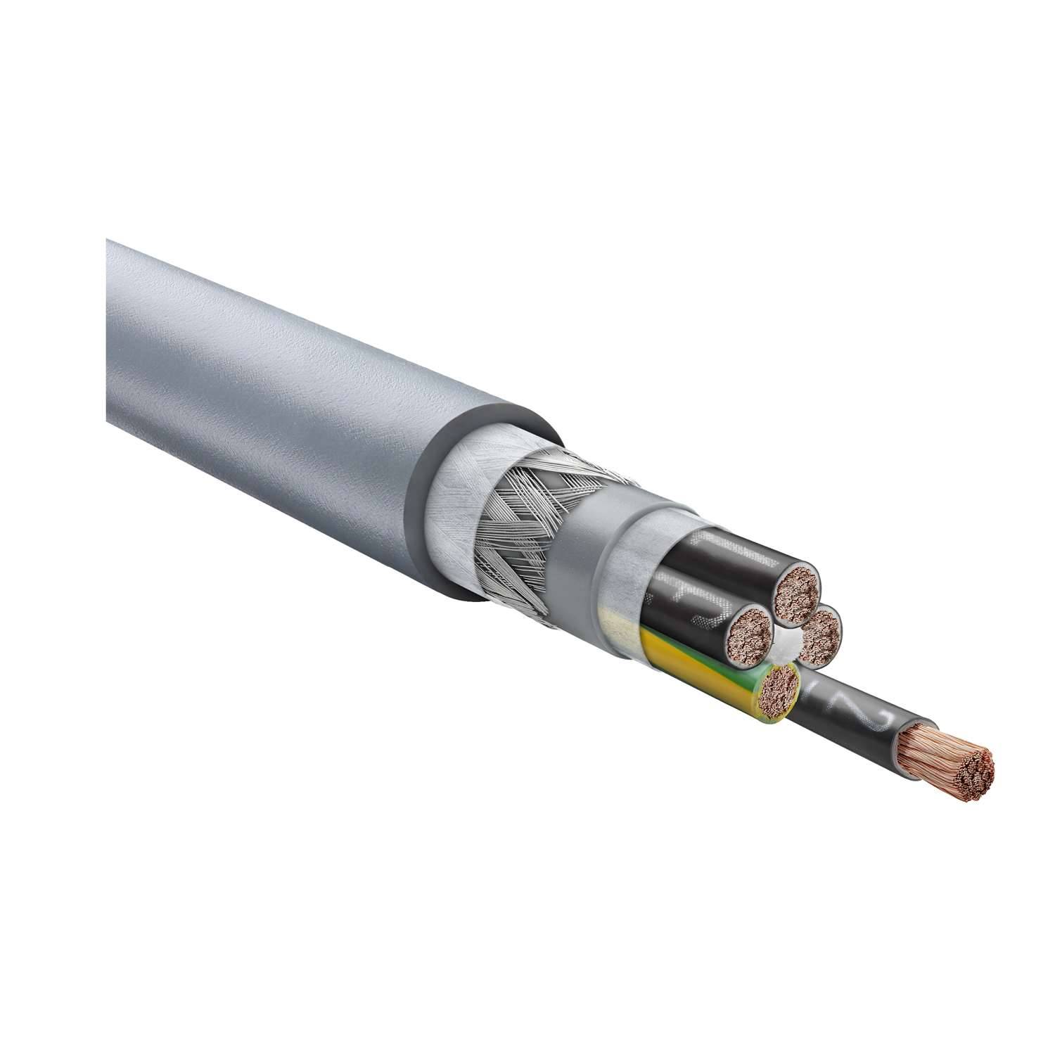 Ein Querschnitt eines Mehrkernkabels, das isolierte Kupferdrähte, Schutzschichten und eine äußere Ummantelung zeigt, die die Kabelstruktur veranschaulicht.