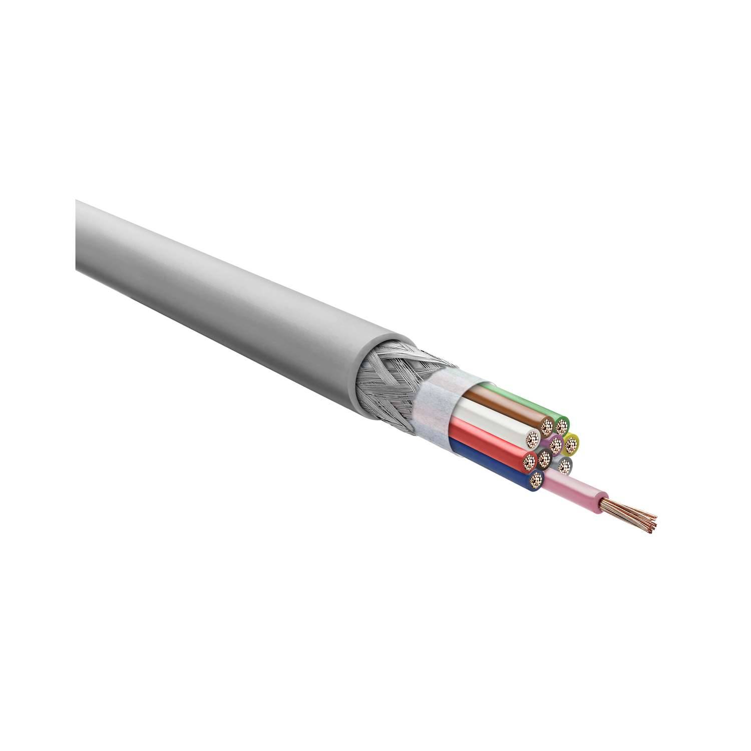 Ein graues Koaxialkabel mit freiliegenden Kupferdrähten und farbigen Isolationsschichten, das für die Daten- und Signalübertragung in der Elektronik verwendet wird.