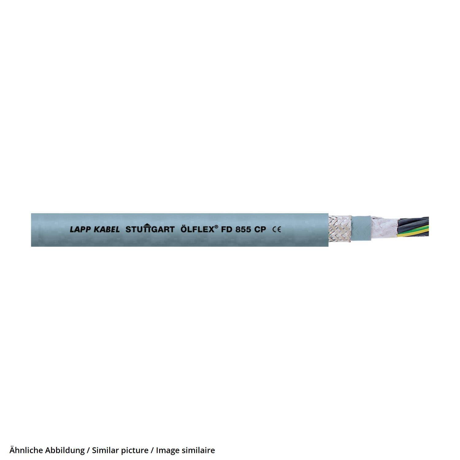 Eine Nahaufnahme eines elektrischen Kabels mit der Beschriftung „LAPP KABEL STUTTGART ÖLFLEX FD 855 CP CE