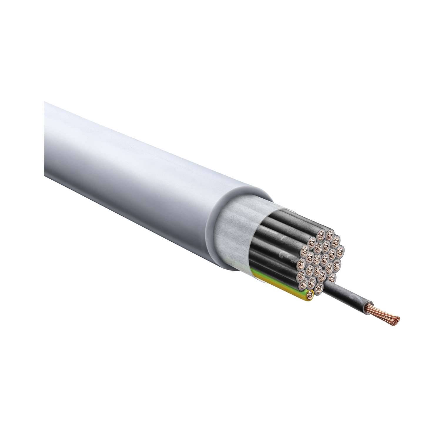 Querschnitt einer Stromleitung, der interne, zusammengefasste Kupferdrähte zeigt, jeder mit Isolierung beschichtet, die aus einer grauen äußeren Ummantelung hervortreten.