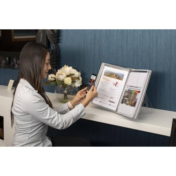 Tischständer Crystal A4 mit 8 Sichttafeln - 4x weiß/ 4x grau