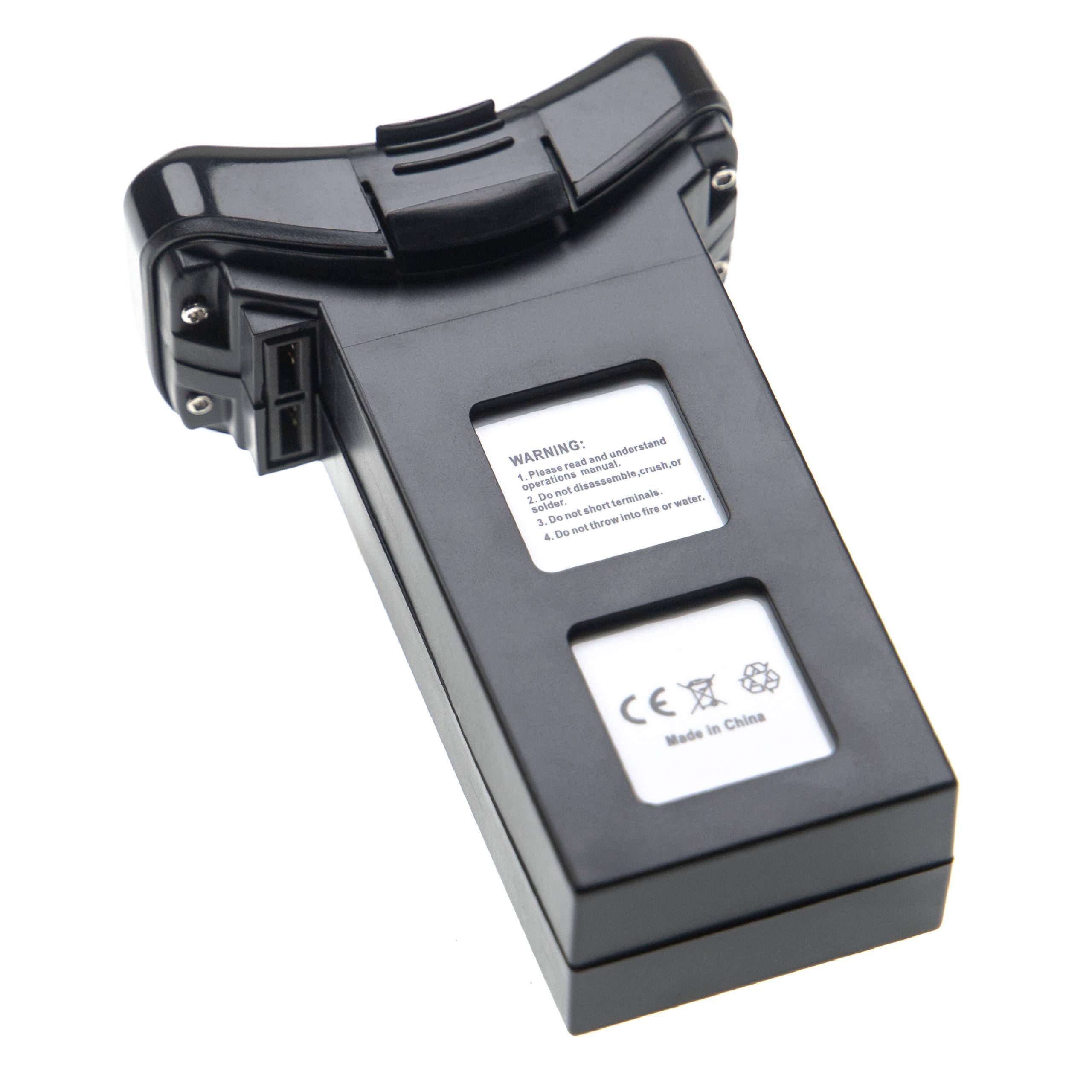 Schwarzer aufladbarer Batteriepack mit Warnschild und CE-Kennzeichnung, auf weißem Hintergrund gezeigt.