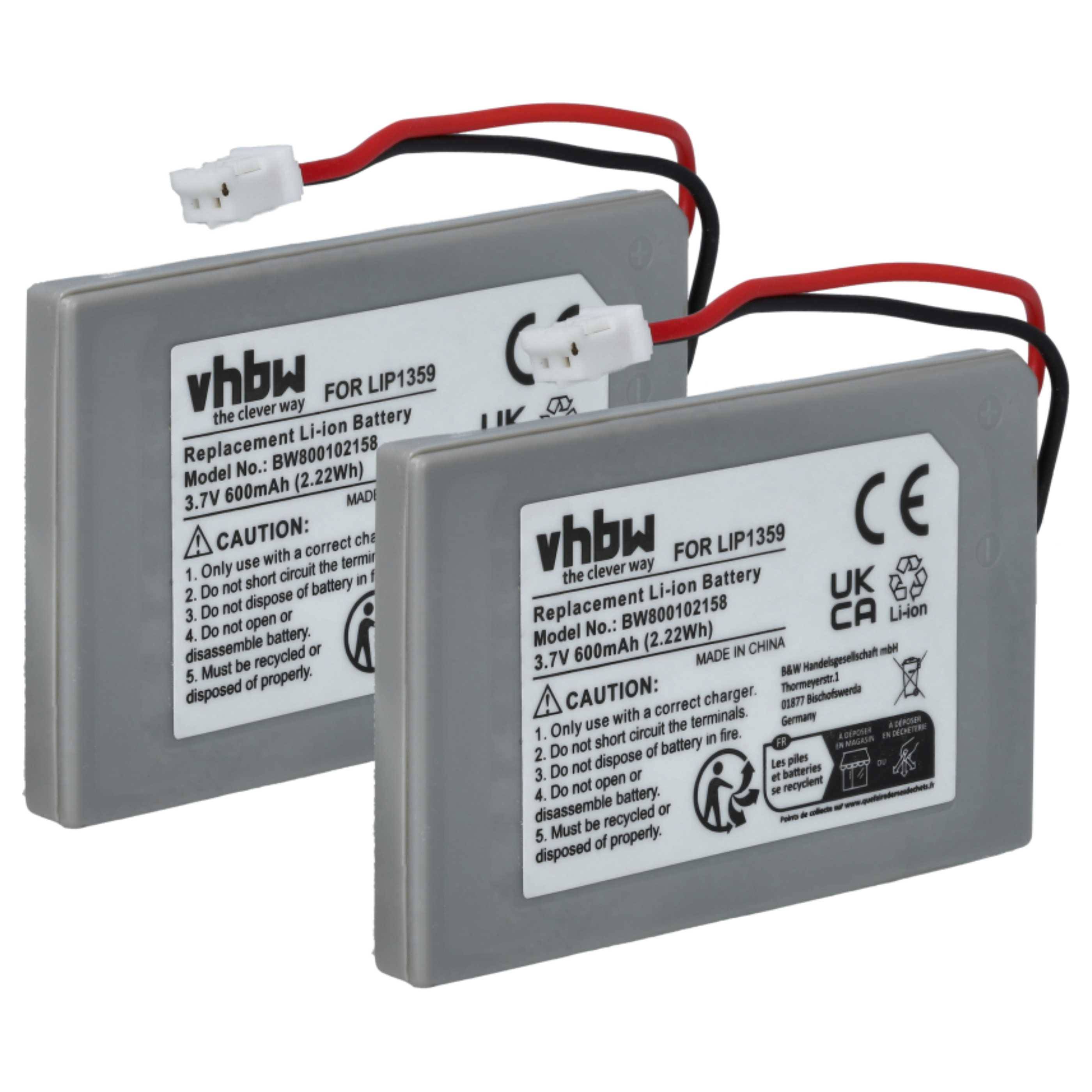 vhbw 2x Akku Ersatz für Sony Lip1359, Lip1859, Lip1472 für Controller (600 mAh, 3,7 V, Li-Ion)