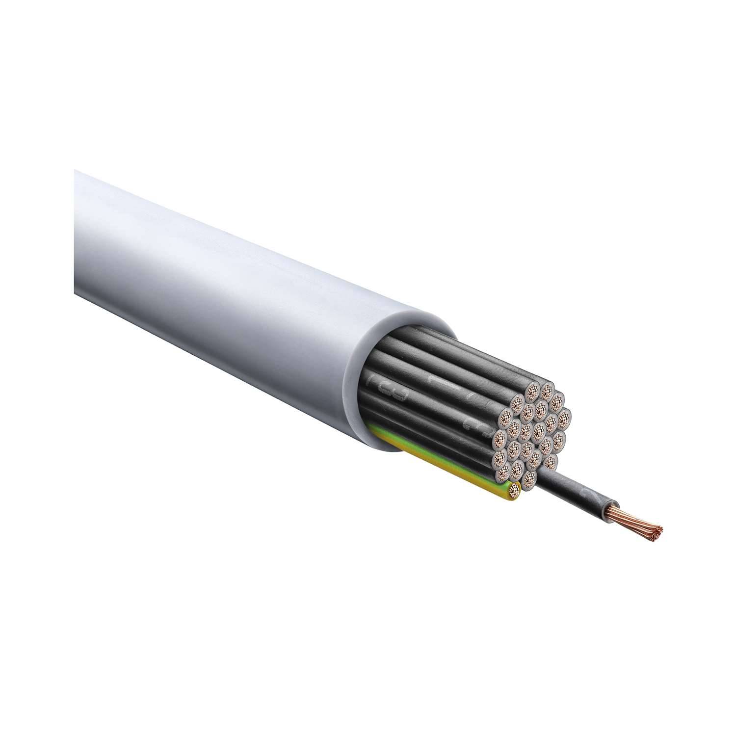 Ein weißes Elektrokabel mit freiliegender, mehrfach geflochtener Kupferleitung am Ende, was darauf hinweist, dass es für schwere Strominstallationen verwendet wird.