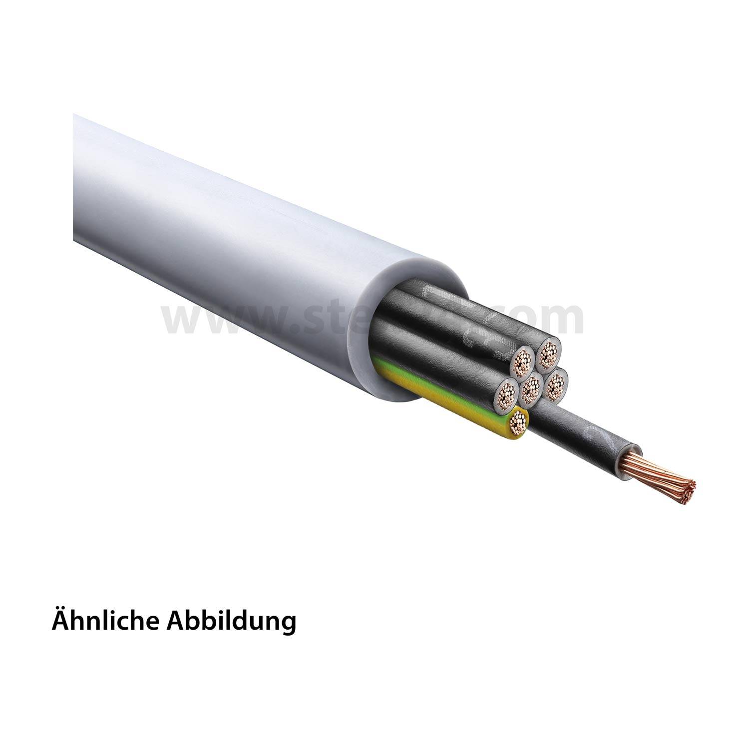 Eine Kabelquerschnittsansicht, die mehrere isolierte Drähte und einen freigelegten Kupferdraht zeigt.
