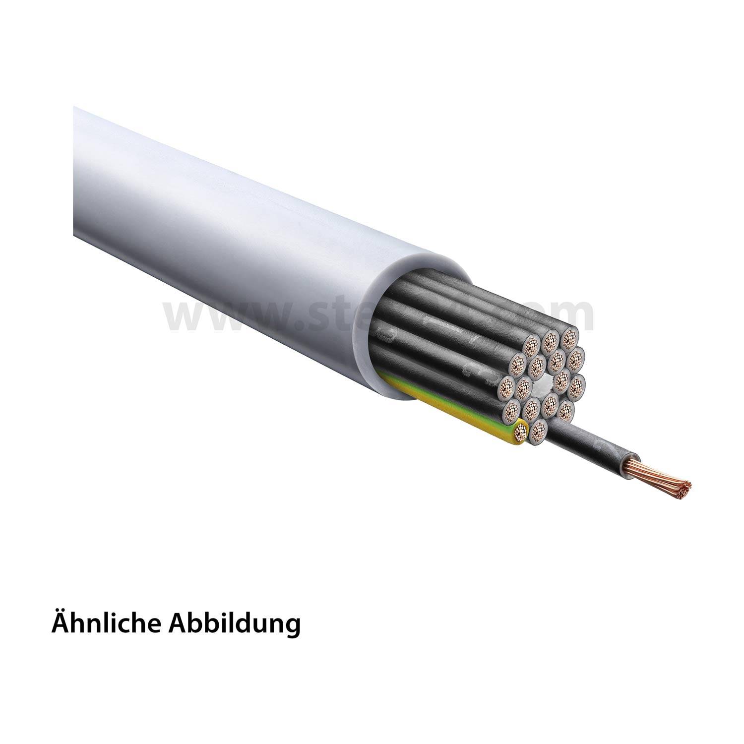 Ein Kabel mit mehreren freigelegten Kupferdrähten am Ende, die elektrische Verbindungen darstellen. Text darunter liest: Ähnliche Abbildung.