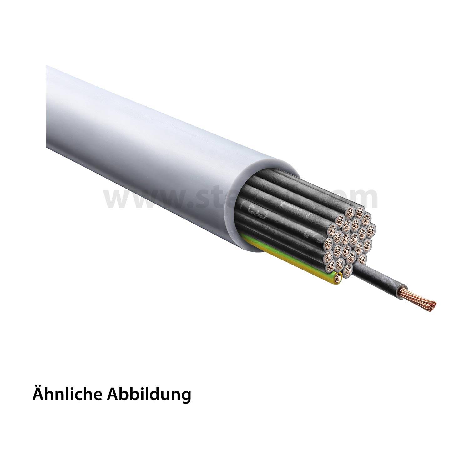 Ein Querschnitt eines elektrischen Kabels, der mehrere innere Drähte zeigt, einige mit Kupferenden, die in einer weißen äußeren Ummantelung eingebettet sind.