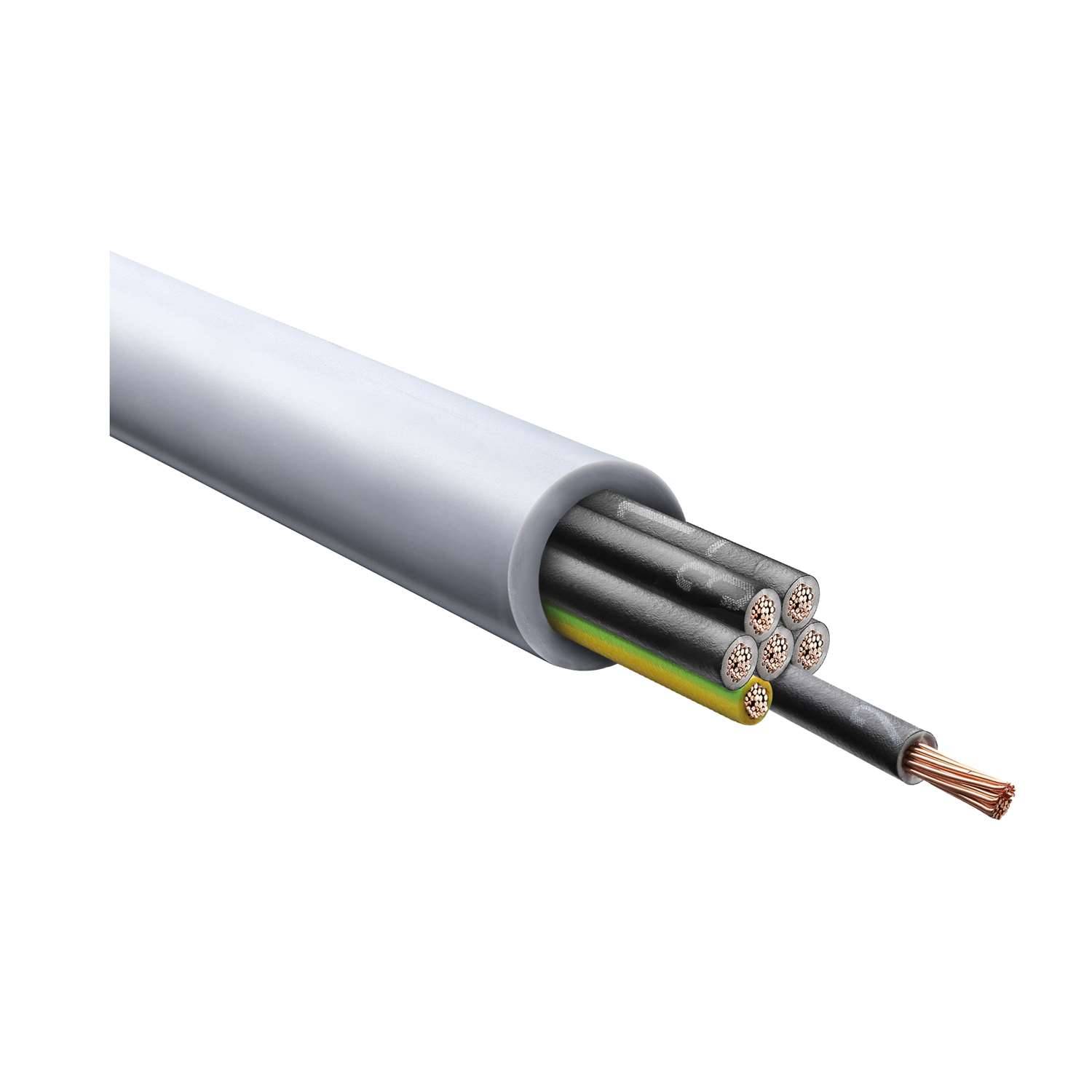 Querschnitt eines Kabels, das mehrere Kupferdrähte und Isolationsschichten zeigt und die innere Struktur von elektrischen Leitungen veranschaulicht.