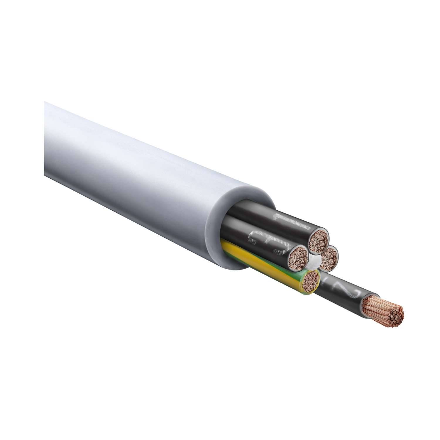 Eine Nahaufnahme eines elektrischen Kabels mit sechs freiliegenden Kupferdrähten unterschiedlicher Dicke, umhüllt von einer weißen äußeren Isolationsschicht.