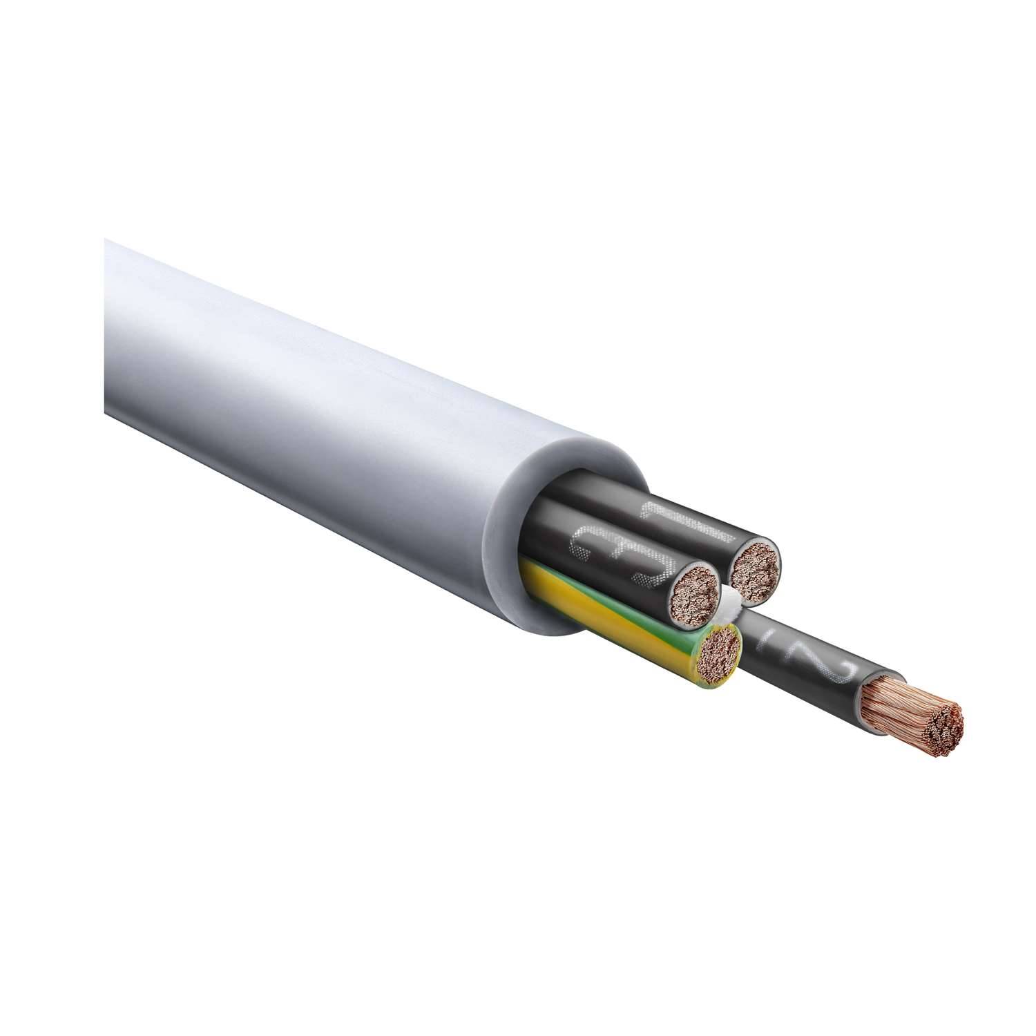 Ein Querschnitt eines Elektrokabels zeigt vier Drähte, die jeweils mit einer Isolationshülle ummantel sind, wobei ein Draht freigelegt ist, um Kupferstränge sichtbar zu machen.