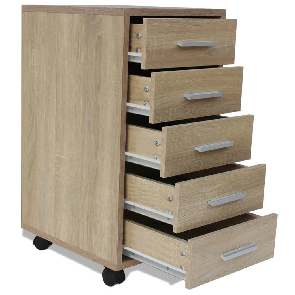 vidaXL Büroschubladenschrank auf Rollen 5 Schubladen Eiche