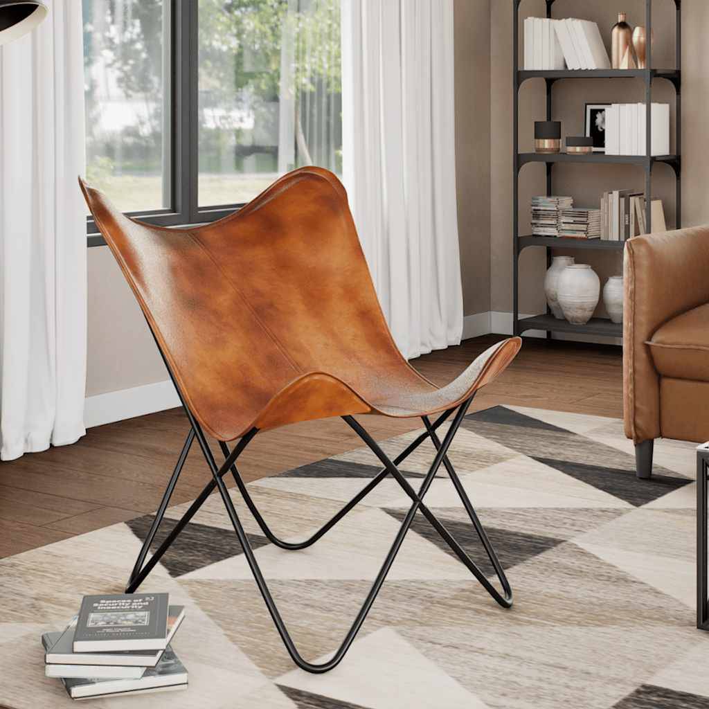vidaXL Butterfly-Sessel Braun Echtleder