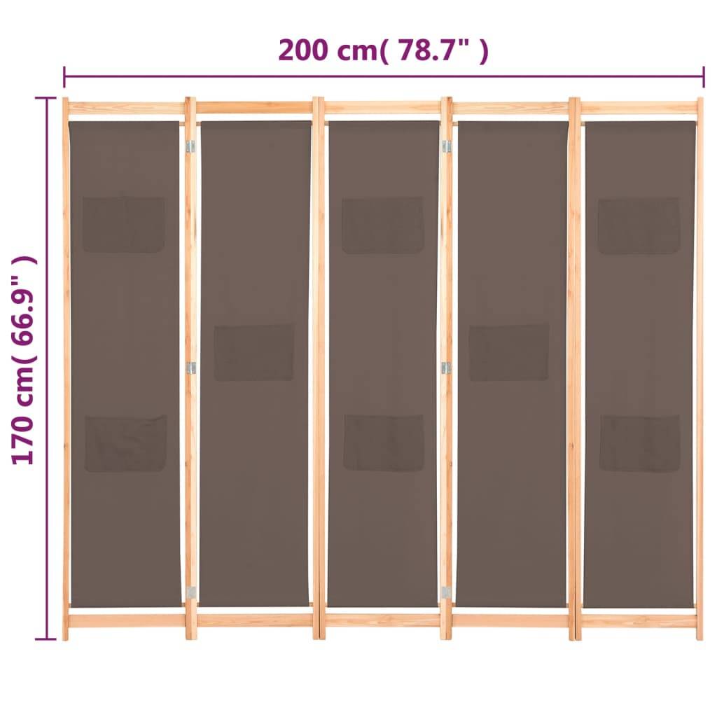 vidaXL 5-teiliger Raumteiler Braun 200 x 170 x 4 cm Stoff