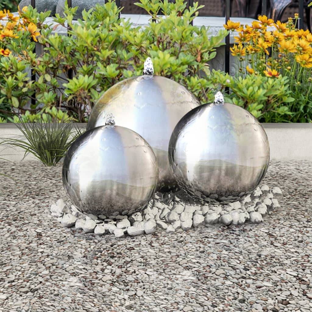 vidaXL 3 Stk. Garten-Springbrunnen Sphäre mit LEDs Edelstahl