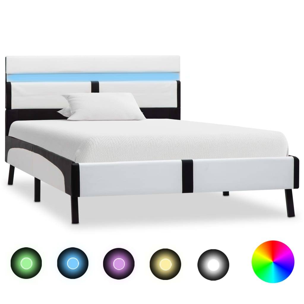 vidaXL Bettgestell mit LED Weiß und Schwarz Kunstleder 90×200 cm