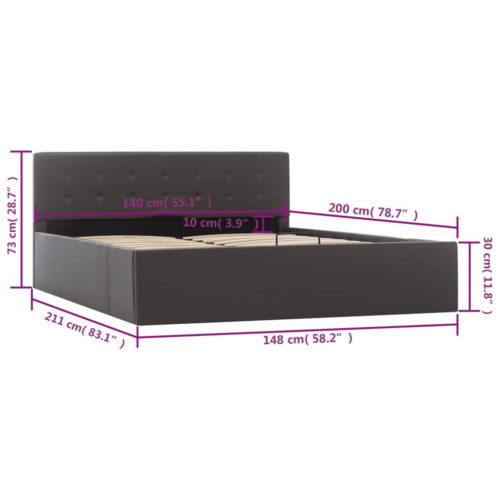 vidaXL Bett mit Bettkasten Hydraulisch Grau Kunstleder 140x200 cm