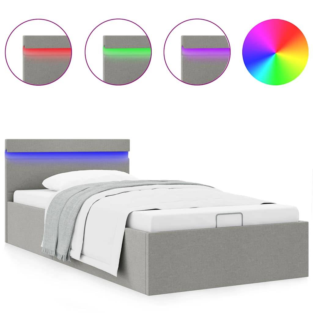 vidaXL Bett mit Bettkasten Hydraulisch LED Hellgrau Stoff 100x200 cm