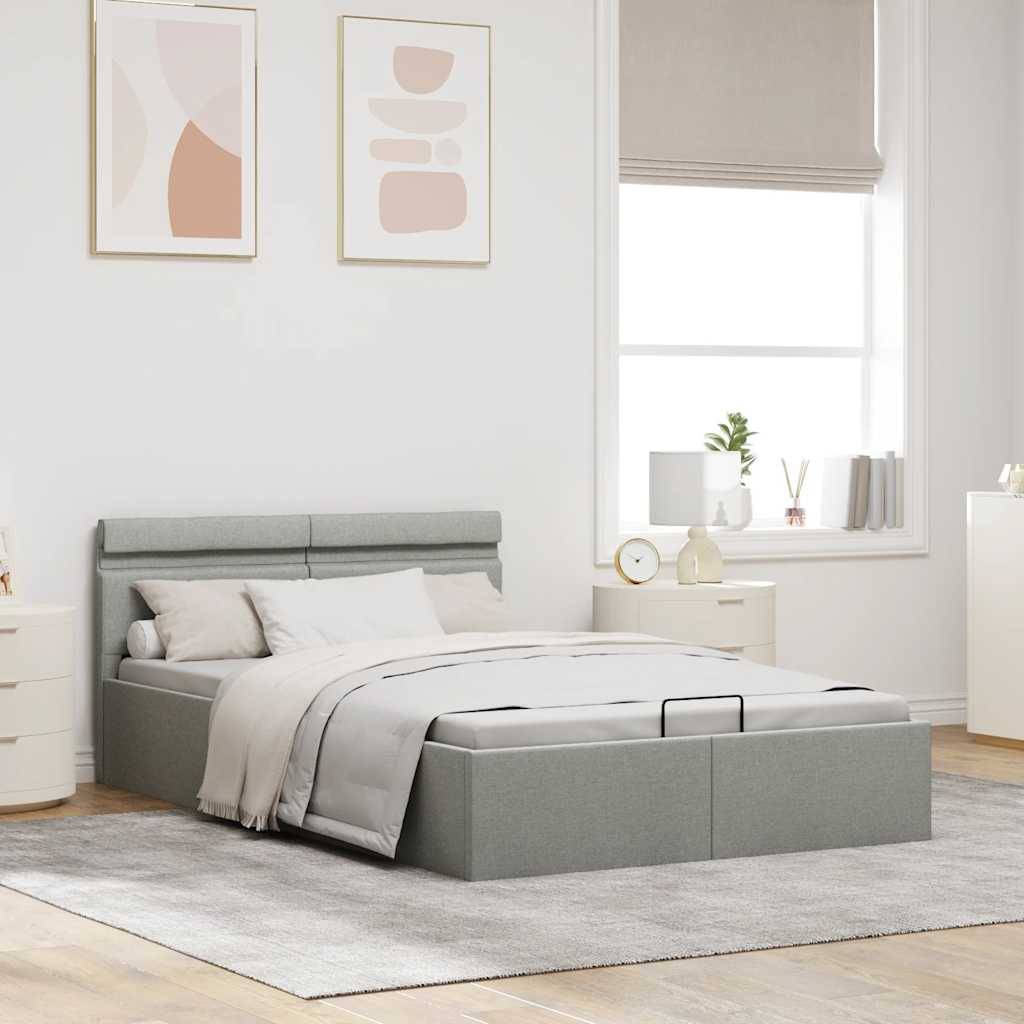 vidaXL Bett mit Bettkasten Hydraulisch LED Hellgrau Stoff 140x200 cm