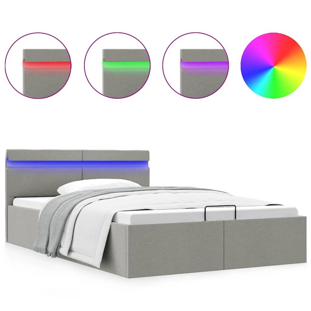 vidaXL Bett mit Bettkasten Hydraulisch LED Hellgrau Stoff 140x200 cm
