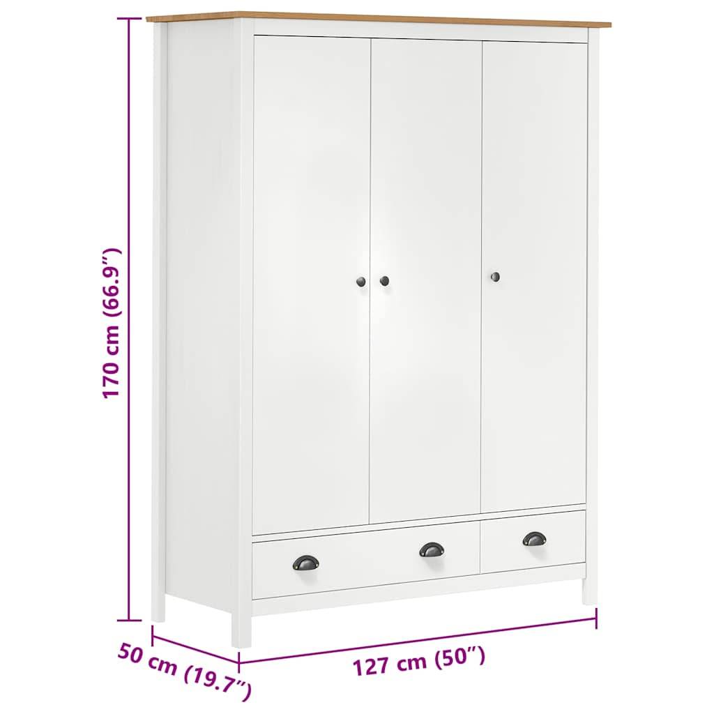 vidaXL Kleiderschrank mit 3 Türen Hill Weiß 127x50x170 cm Kiefernholz