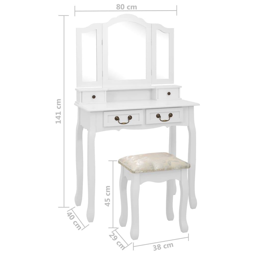 vidaXL Schminktisch-Set mit Hocker Weiß 80x69x141cm Paulowniaholz