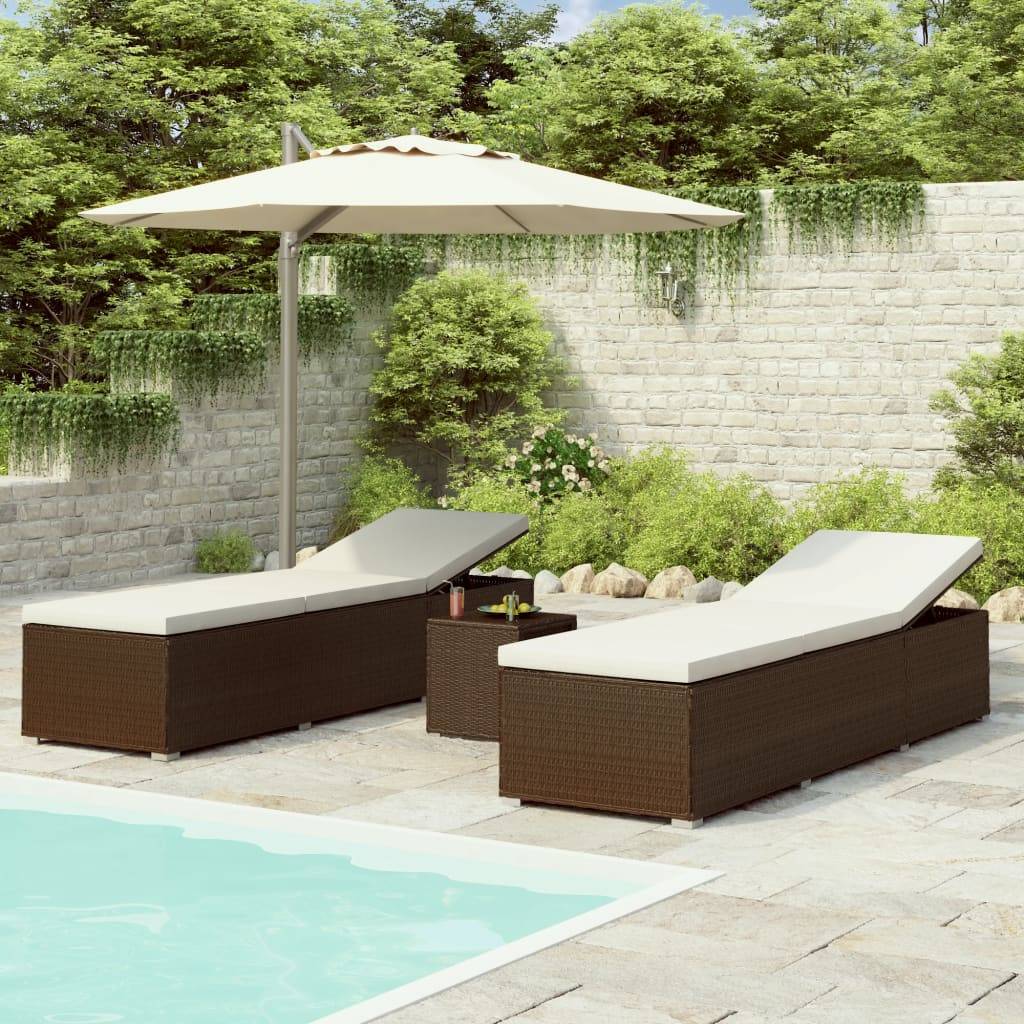vidaXL 3-tlg. Garten-Sonnenliegen mit Teetisch Poly Rattan Braun