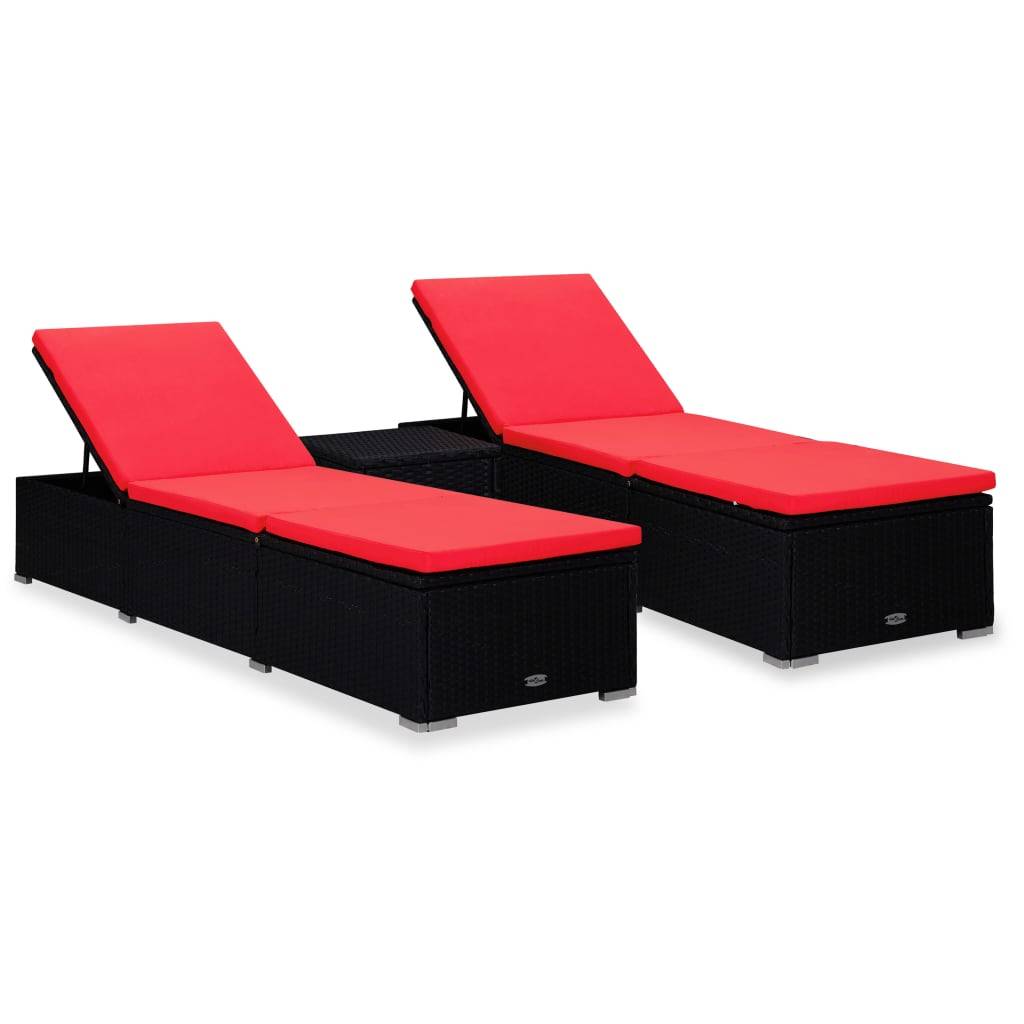 vidaXL 3-tlg. Garten-Sonnenliegen mit Teetisch Poly Rattan Schwarz