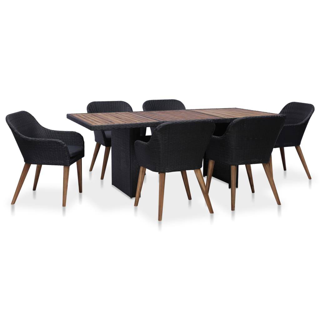 vidaXL 7-tlg. Garten-Essgruppe mit Auflagen Poly Rattan Schwarz