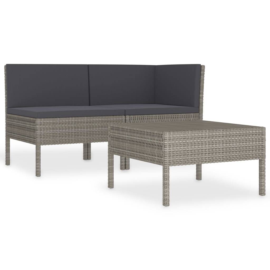 vidaXL 3-tlg. Garten-Lounge-Set mit Auflagen Poly Rattan Grau