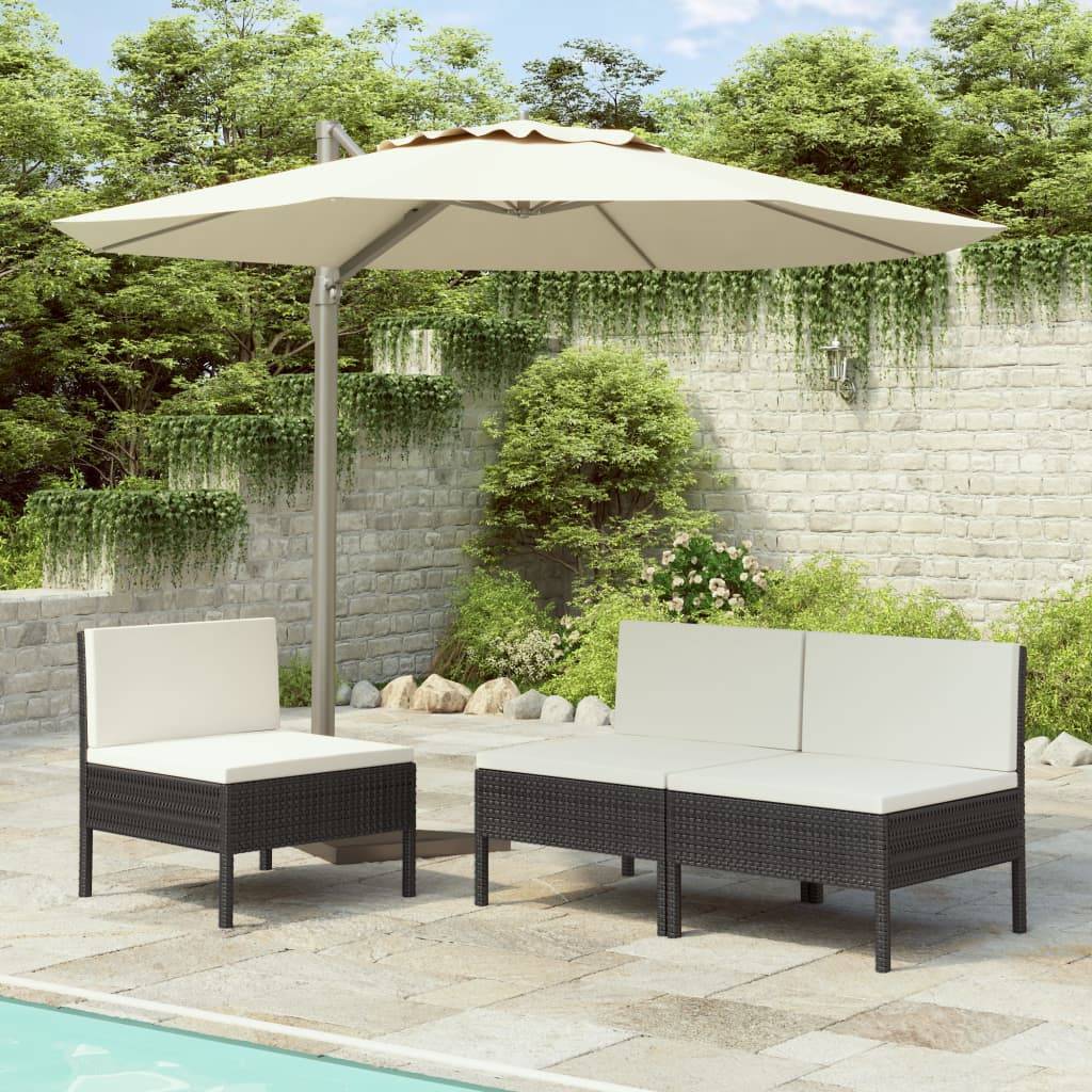 vidaXL Gartenstühle 3 Stk. mit Auflagen Poly Rattan Schwarz