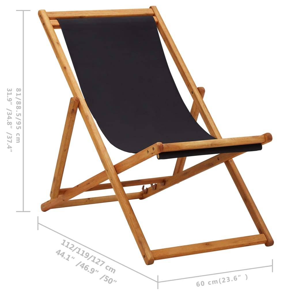 vidaXL Strandstuhl Klappbar Eukalyptusholz und Stoff Schwarz