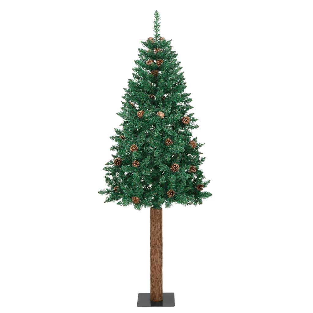 vidaXL Weihnachtsbaum Schlank mit Echtholz und Zapfen Grün 210 cm PVC