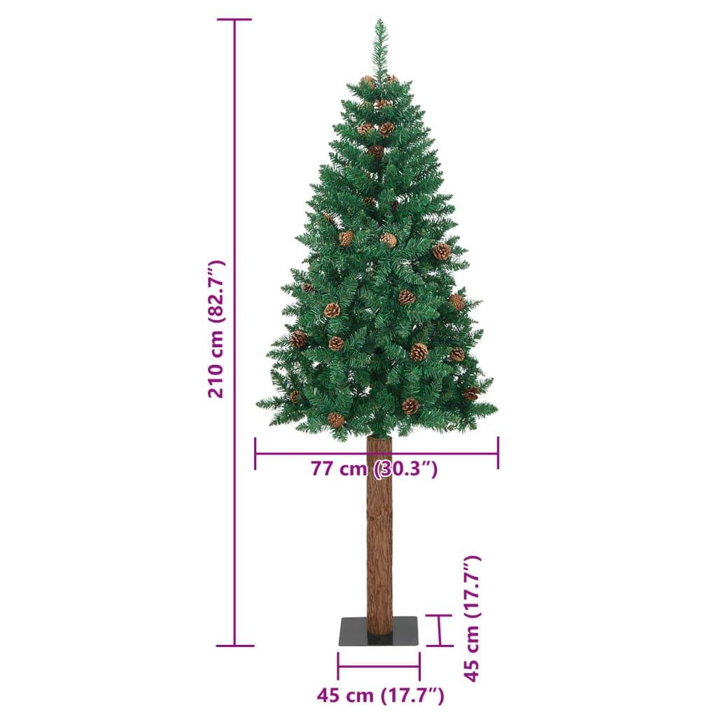 vidaXL Weihnachtsbaum Schlank mit Echtholz und Zapfen Grün 210 cm PVC