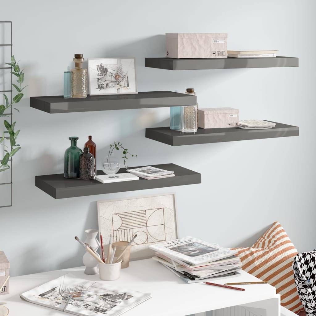 vidaXL Schweberegale 4 Stk. Hochglanz-Grau 60x23,5x3,8 cm MDF