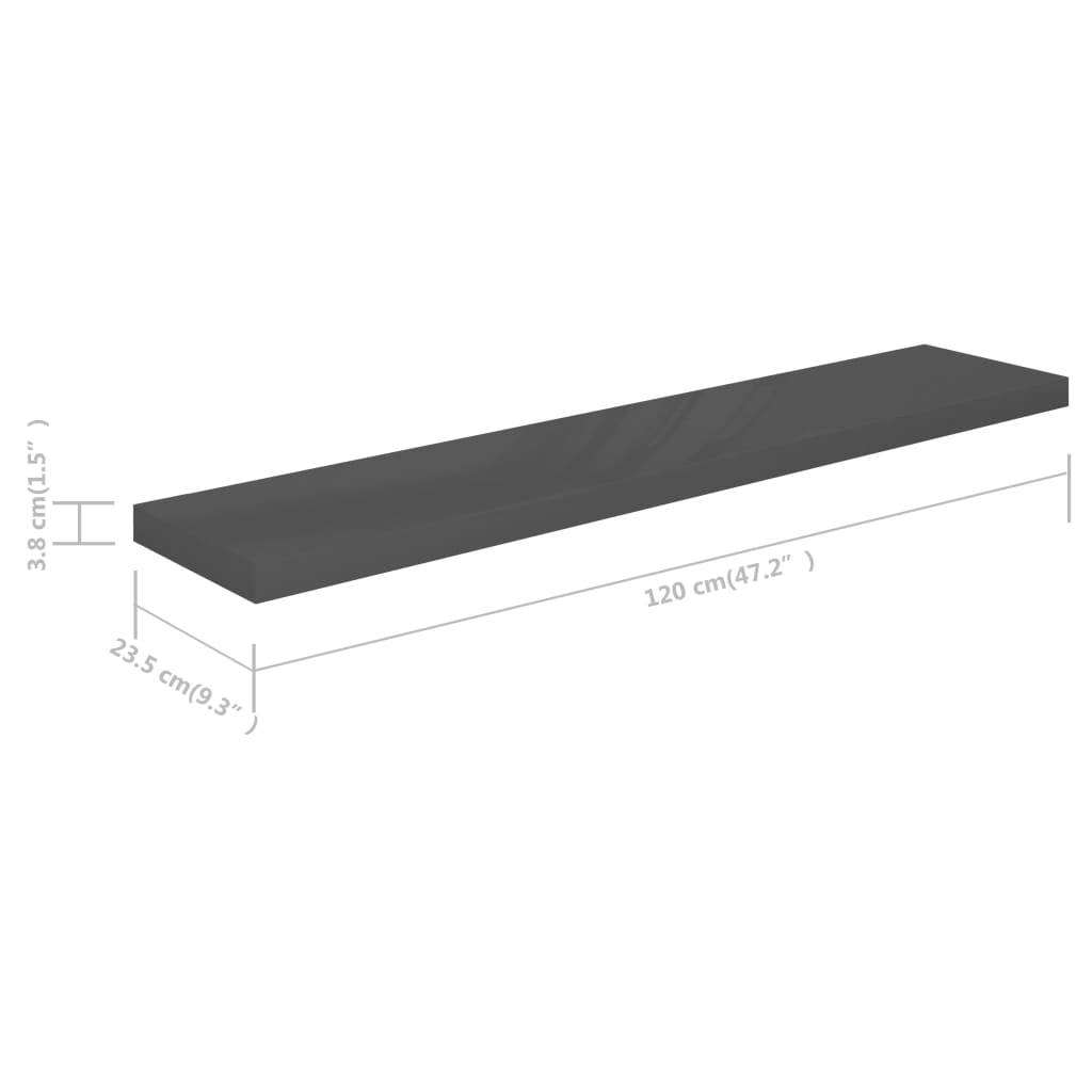 vidaXL Schweberegale 4 Stk. Hochglanz-Grau 120x23,5x3,8 cm MDF
