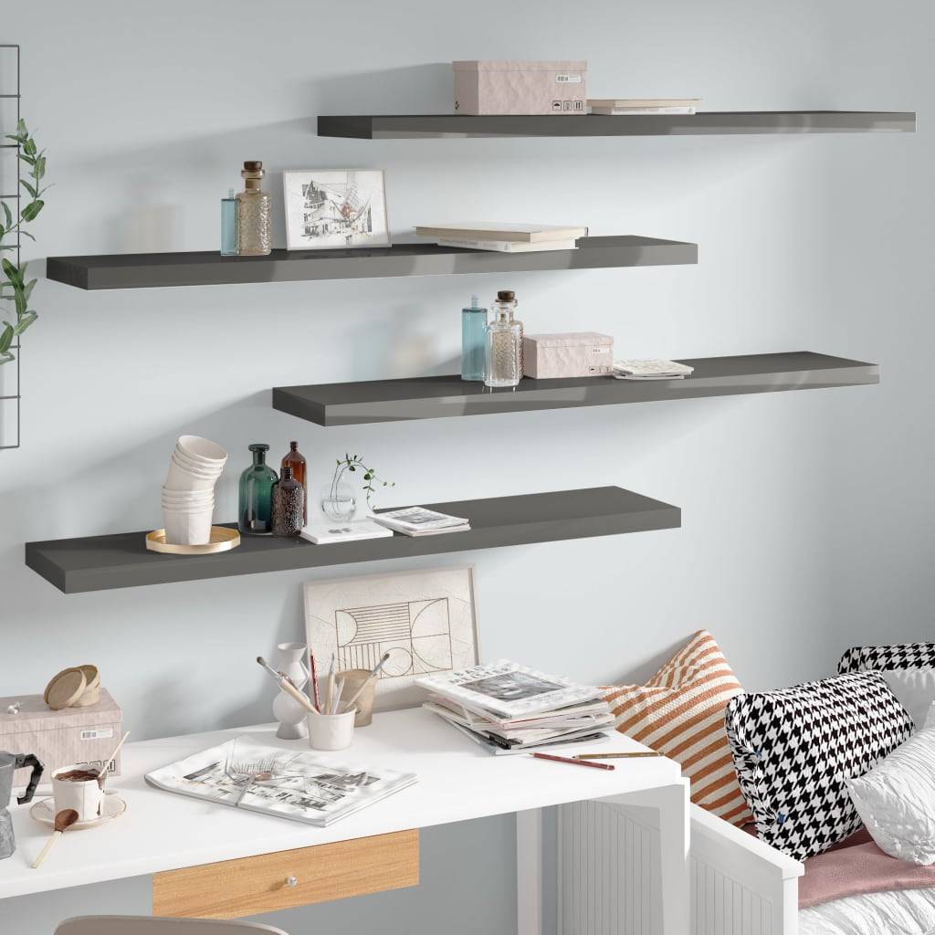 vidaXL Schweberegale 4 Stk. Hochglanz-Grau 120x23,5x3,8 cm MDF