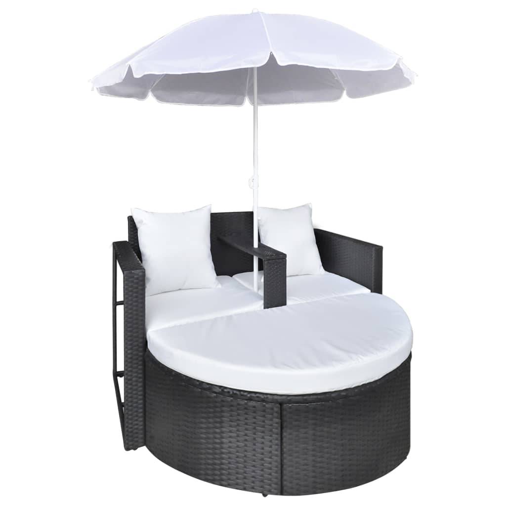 vidaXL Gartenbett mit Sonnenschirm Braun Poly Rattan
