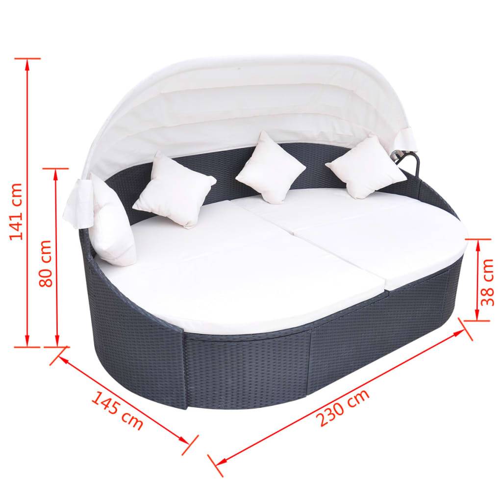 vidaXL Outdoor-Loungebett mit Dach Poly Rattan Schwarz