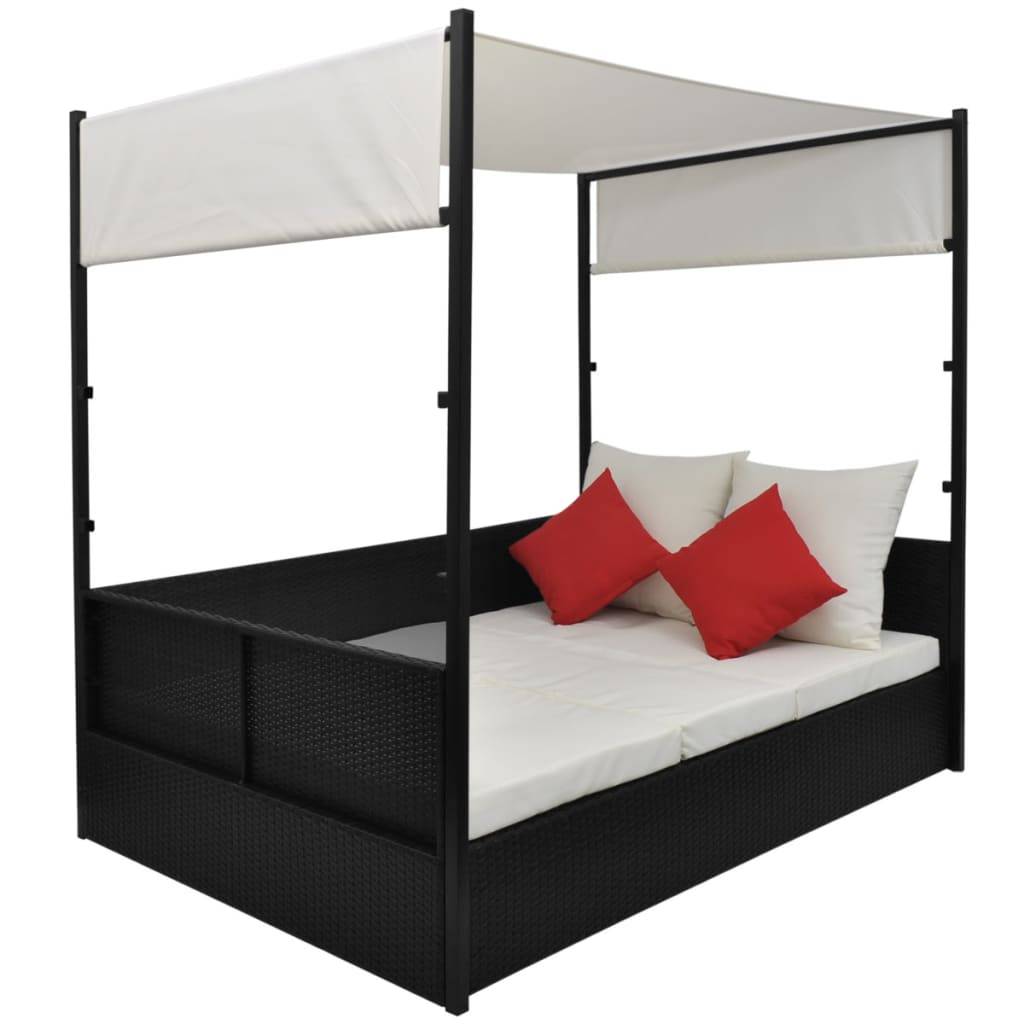 vidaXL Gartenbett mit Baldachin Schwarz 190×130 cm Poly Rattan