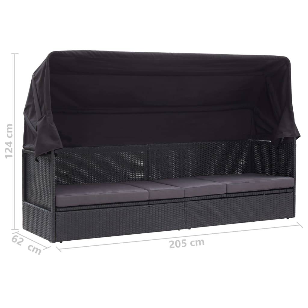 vidaXL Outdoor-Sofabett mit Dach Poly-Rattan Schwarz
