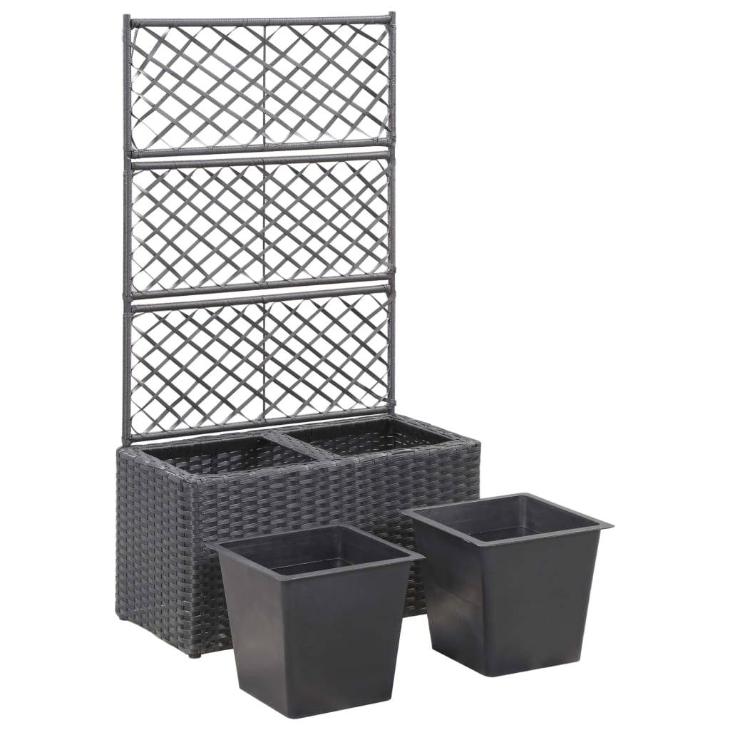 vidaXL Hochbeet mit Rankgitter 2 Töpfe 58×30×107cm Poly Rattan Schwarz