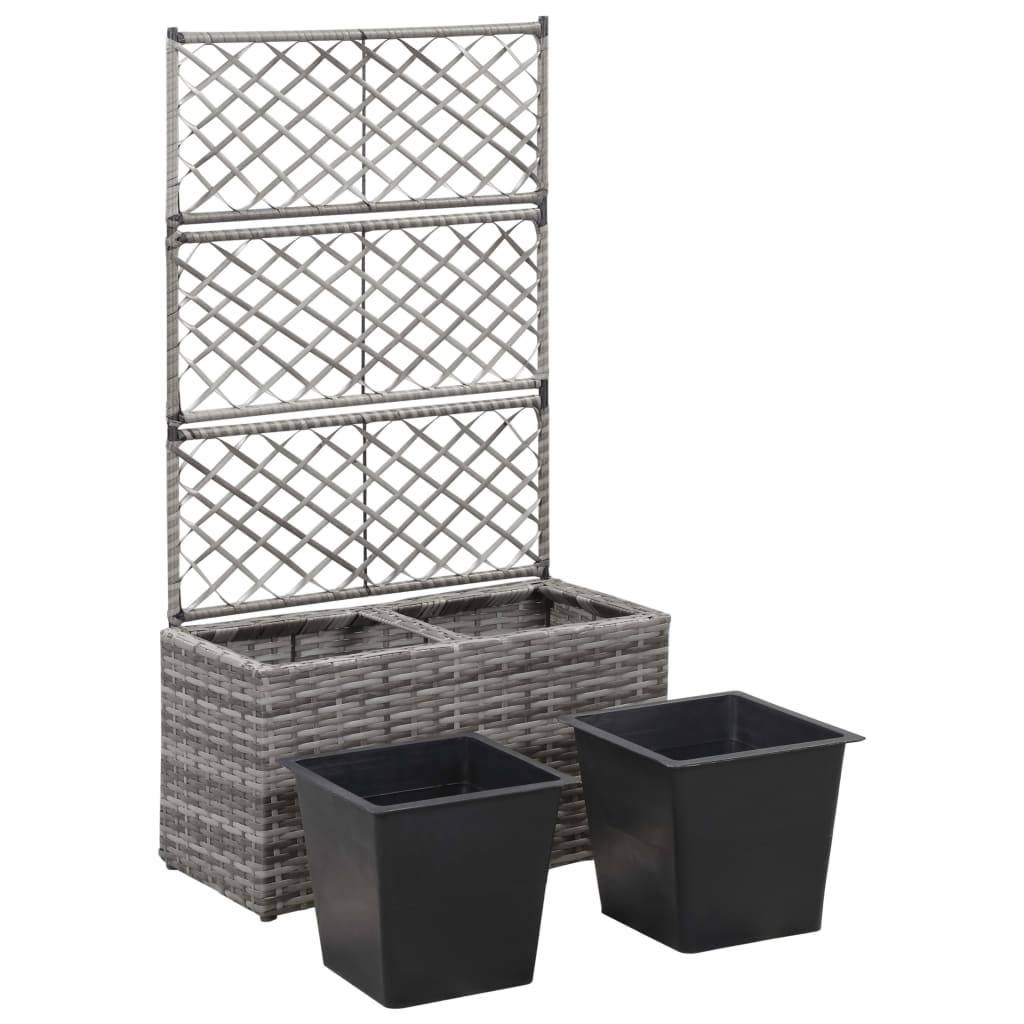 vidaXL Hochbeet mit Rankgitter 2 Töpfe 58×30×107cm Poly Rattan Grau